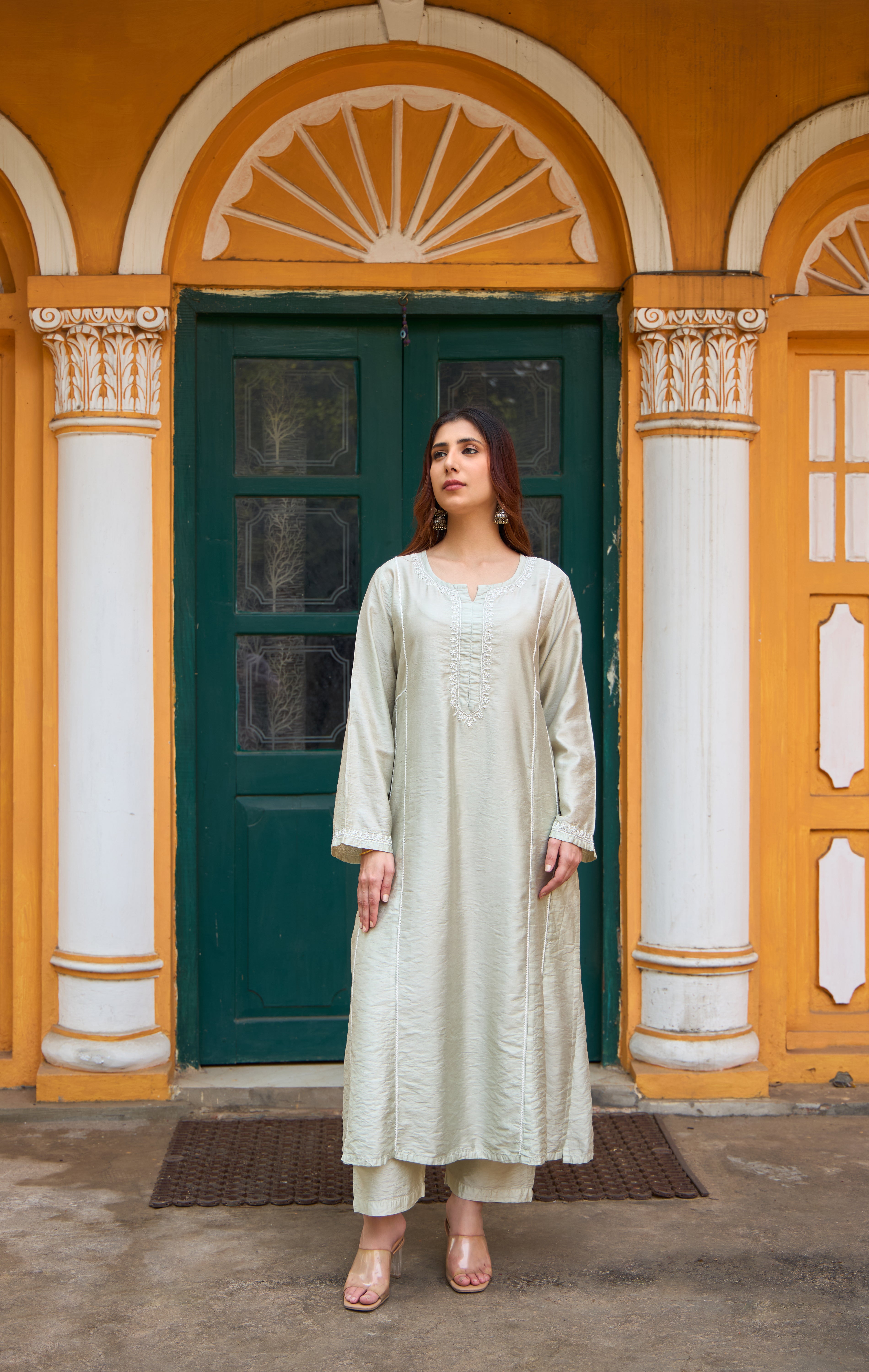 Nazm Chanderi Pistachio Green Chikankari Kurta