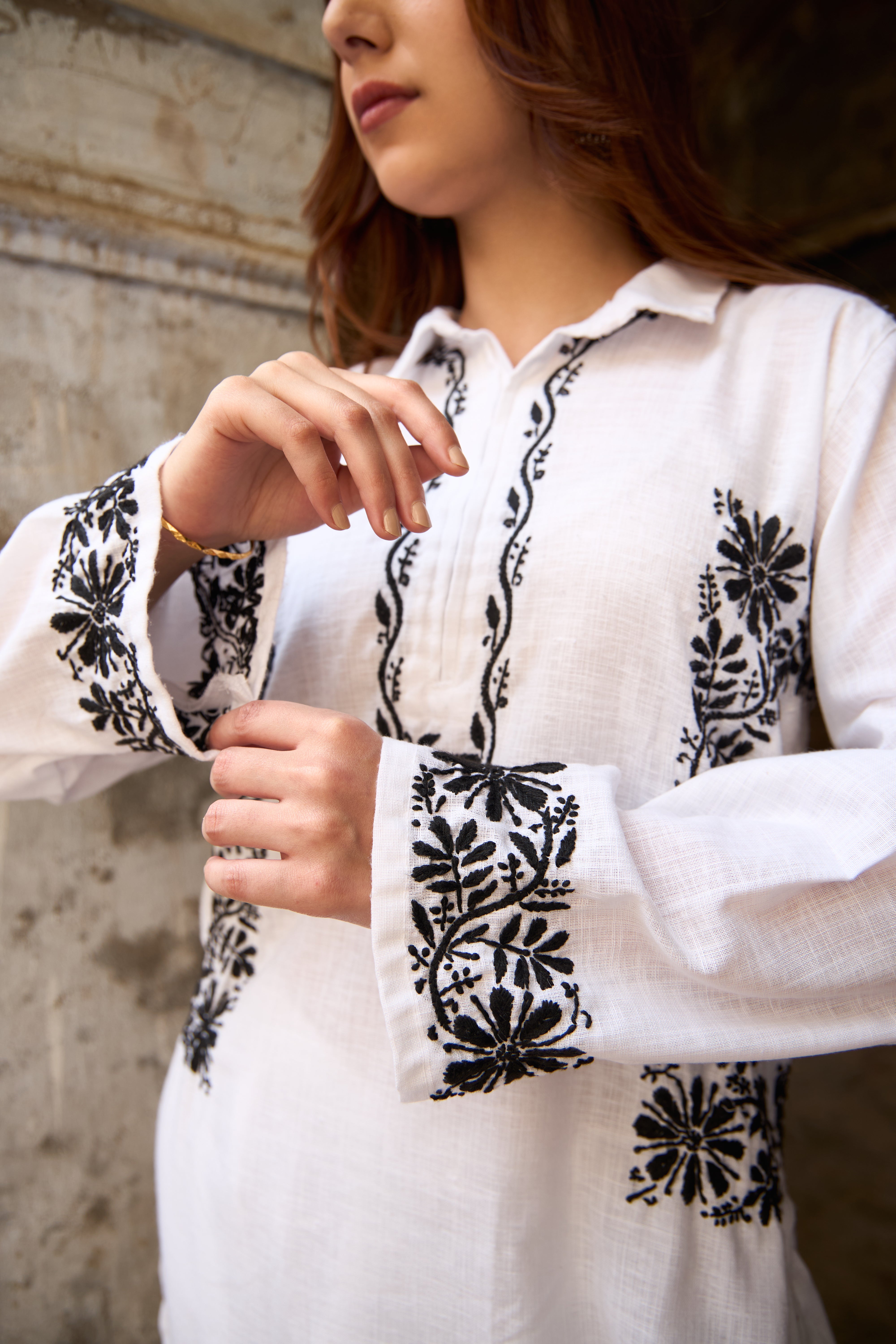 Nazm Linen White Noir Chikankari Coord Set