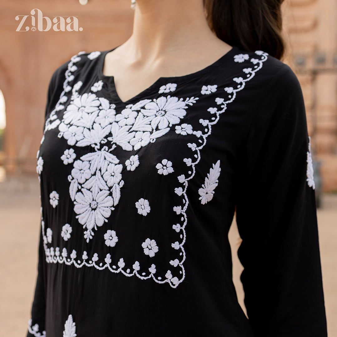 Maaya Modal White & Black Chikankari Kurti