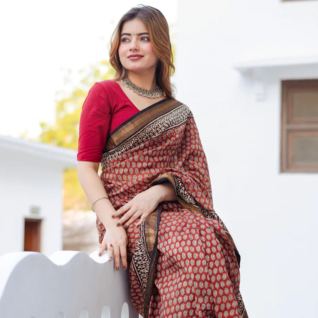 Mira Hand-Blocked Pure Maheshwari Silk Red Saree - Small Motifs