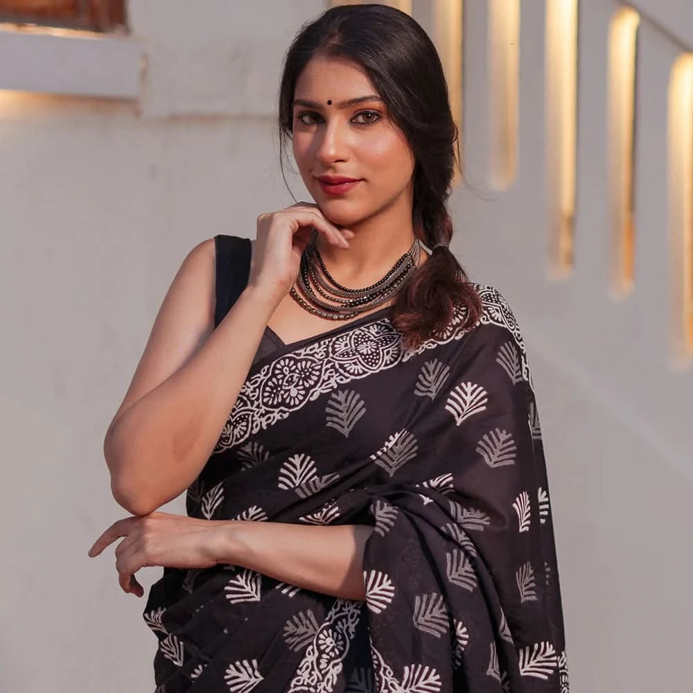 Mira Hand-Blocked Pure Mul Cotton Black Saree