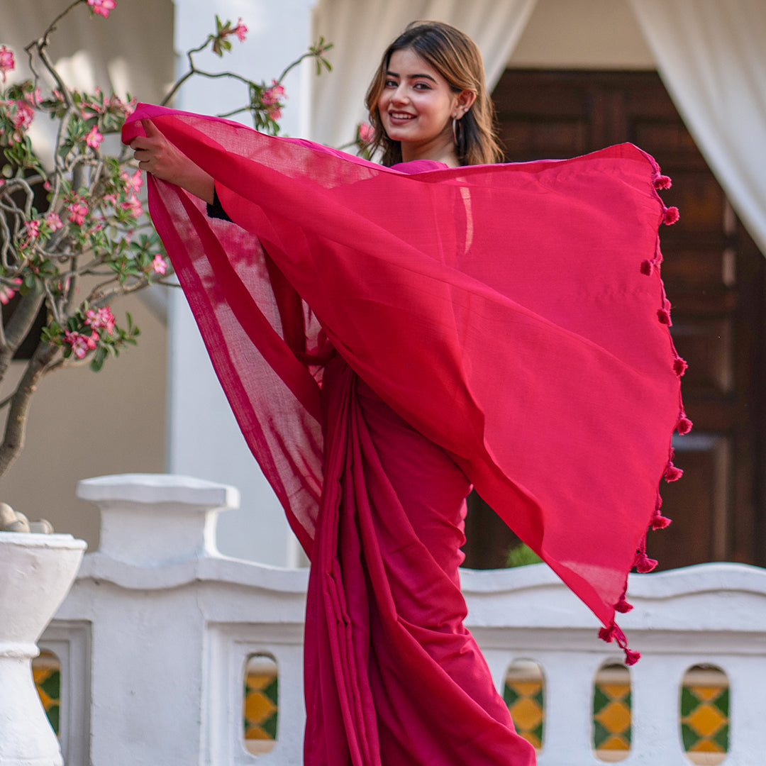 Mira Hand-Dyed Mul Cotton Pink Saree with Tassels