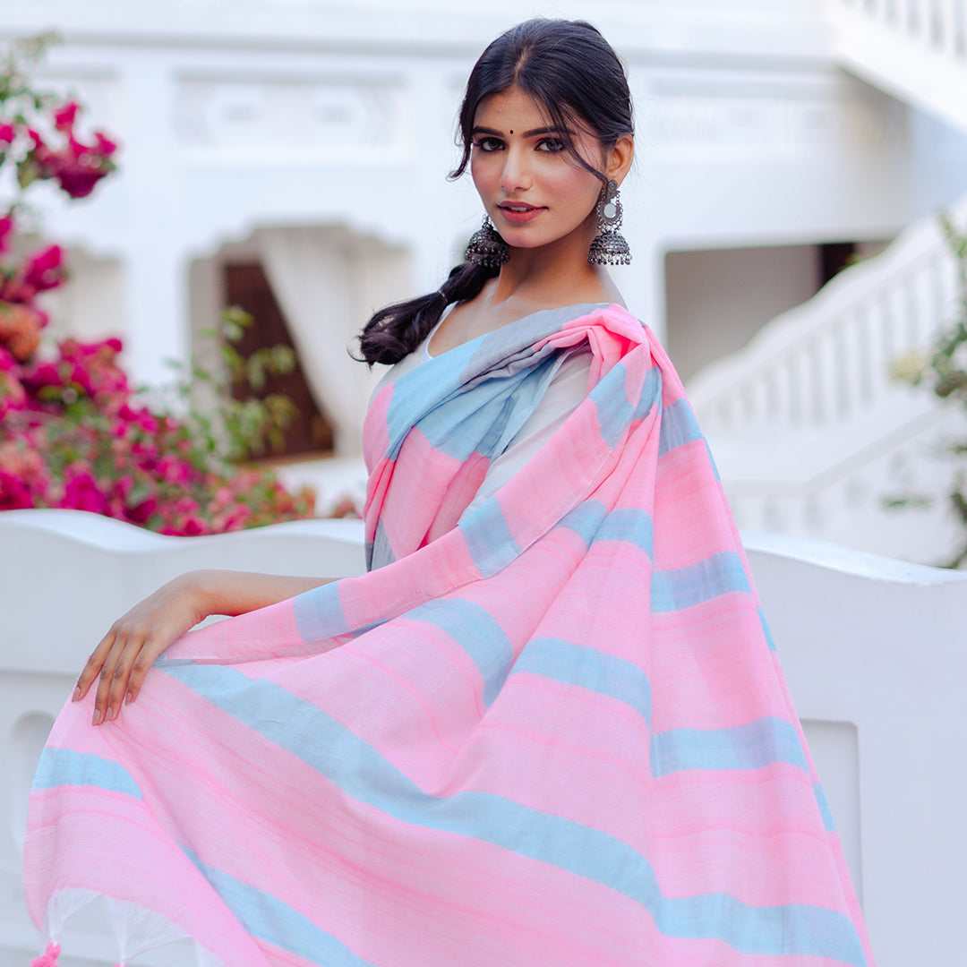 Mira Hand-Dyed Mul Cotton Striped Saree with Tassels