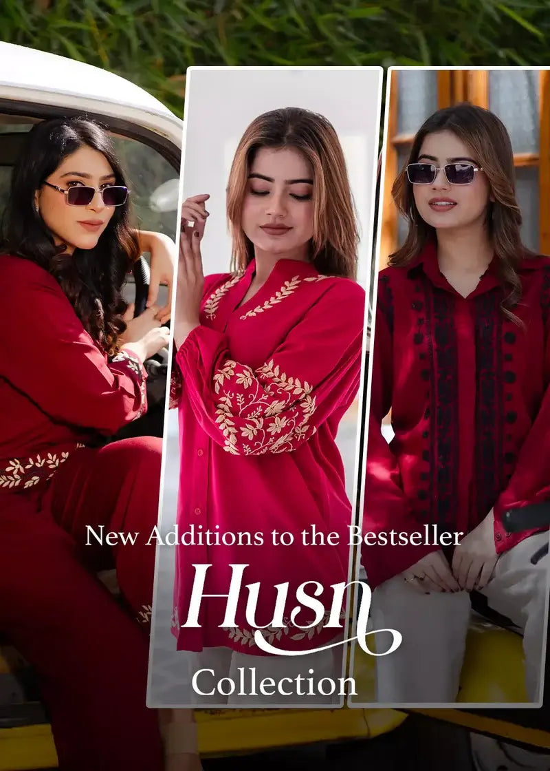 Promotional image for 'Hush' collection featuring women in red outfits with sunglasses.