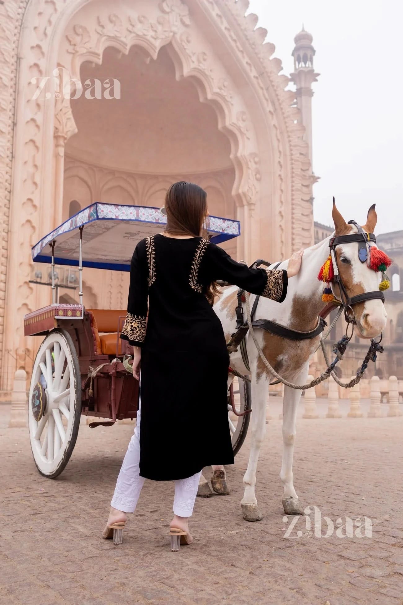 Back view of woman wearing a black chikankari kurti standing in front of an architectural backdrop