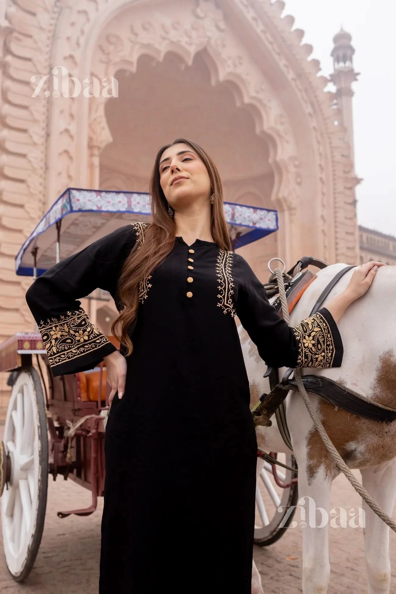 Black chikankari kurti worn by a woman with a horse cart in the background.
