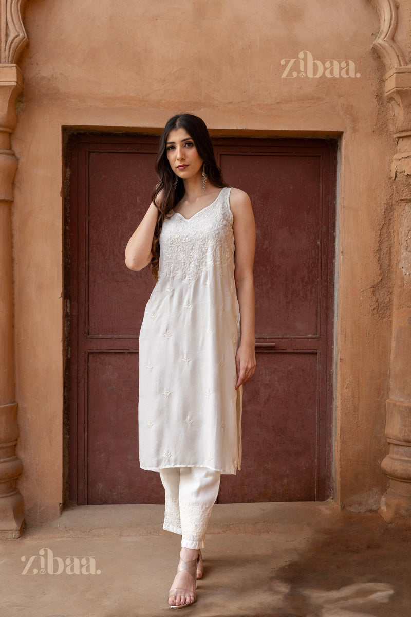 Muslin Chikankari Kurta Set - Ash Grey