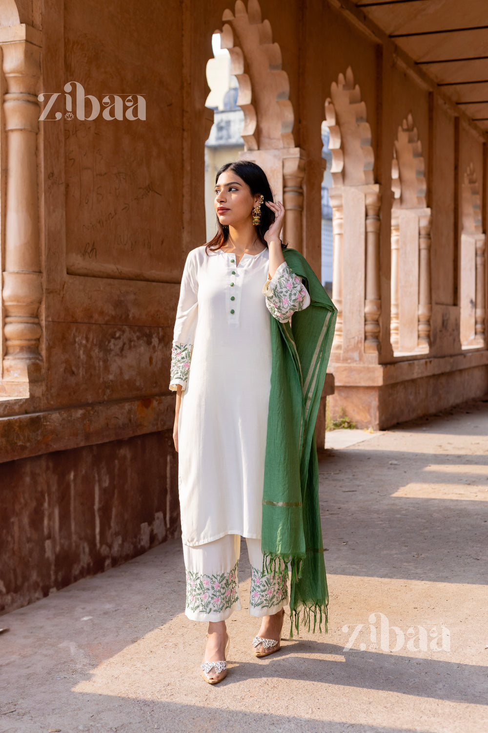 Off-White Chikankari Kurti Set with Multicolored Dupatta