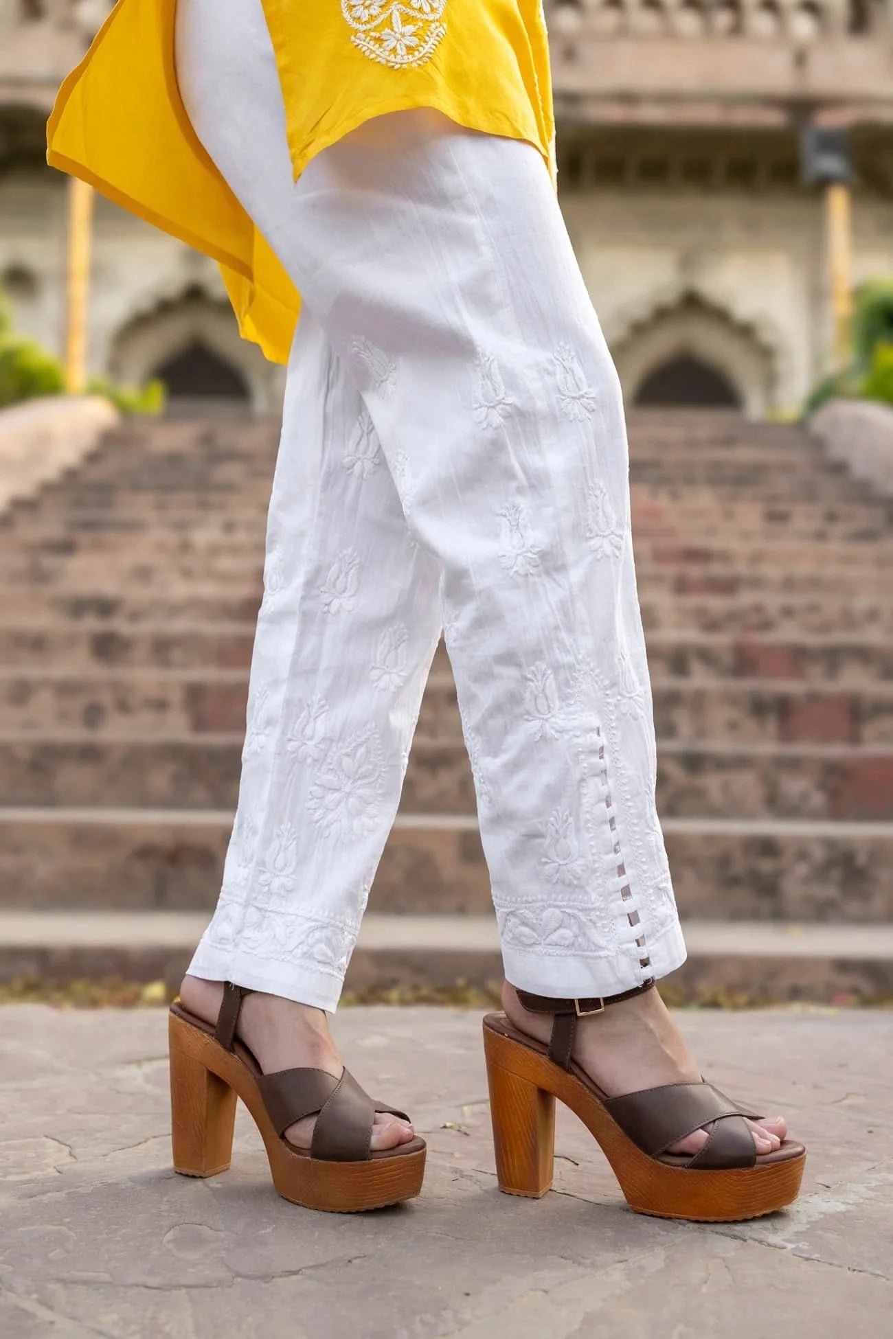 White Cotton Chikankari Lucknawi Pants
