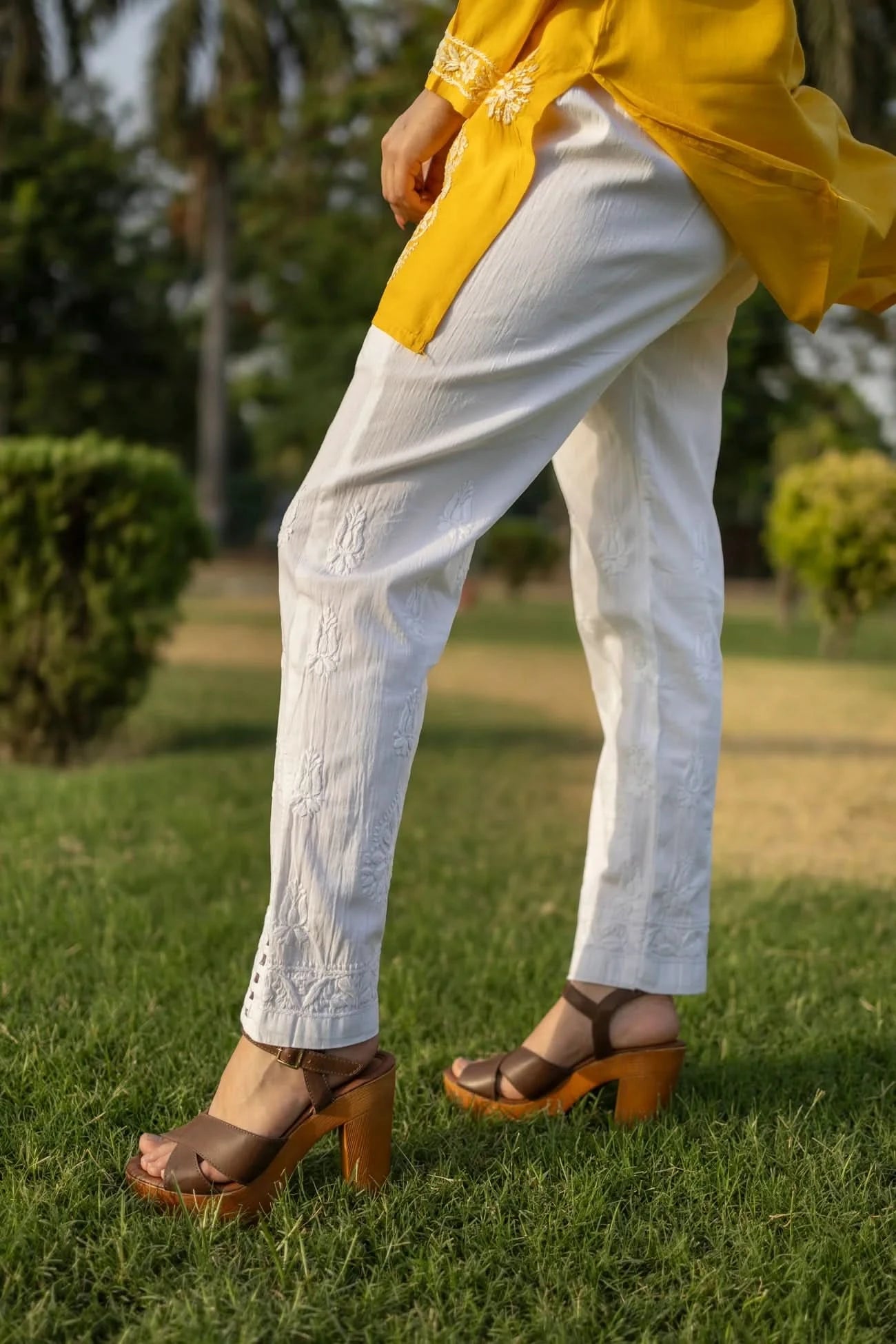 White Cotton Chikankari Lucknawi Pants