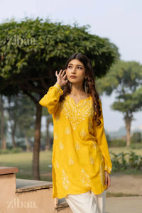 Aiyana Modal Mustard Yellow Short Chikankari Kurti