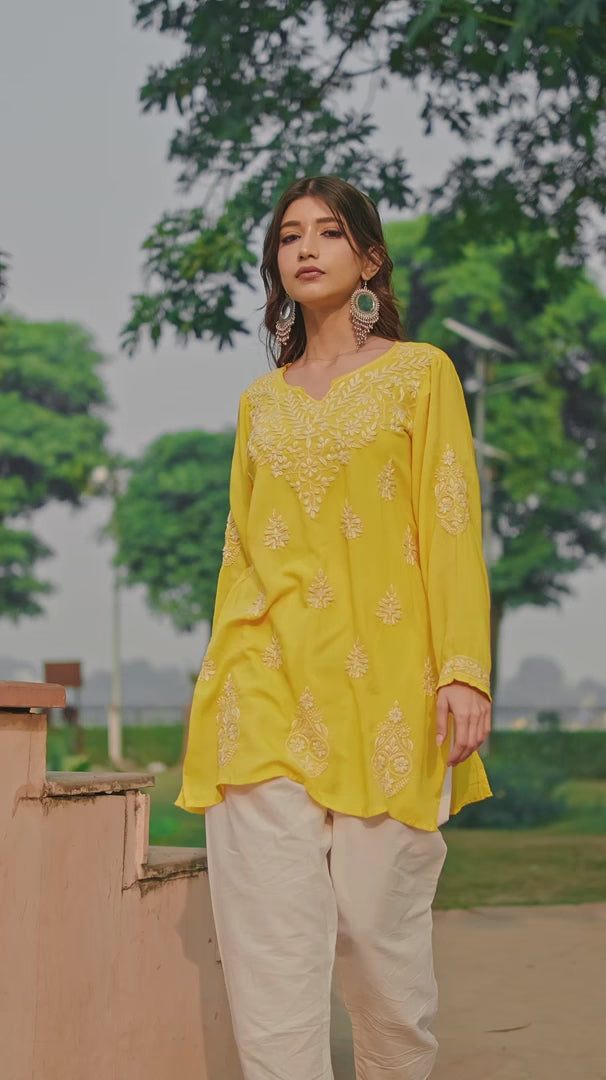 Aiyana Modal Mustard Yellow Short Chikankari Kurti