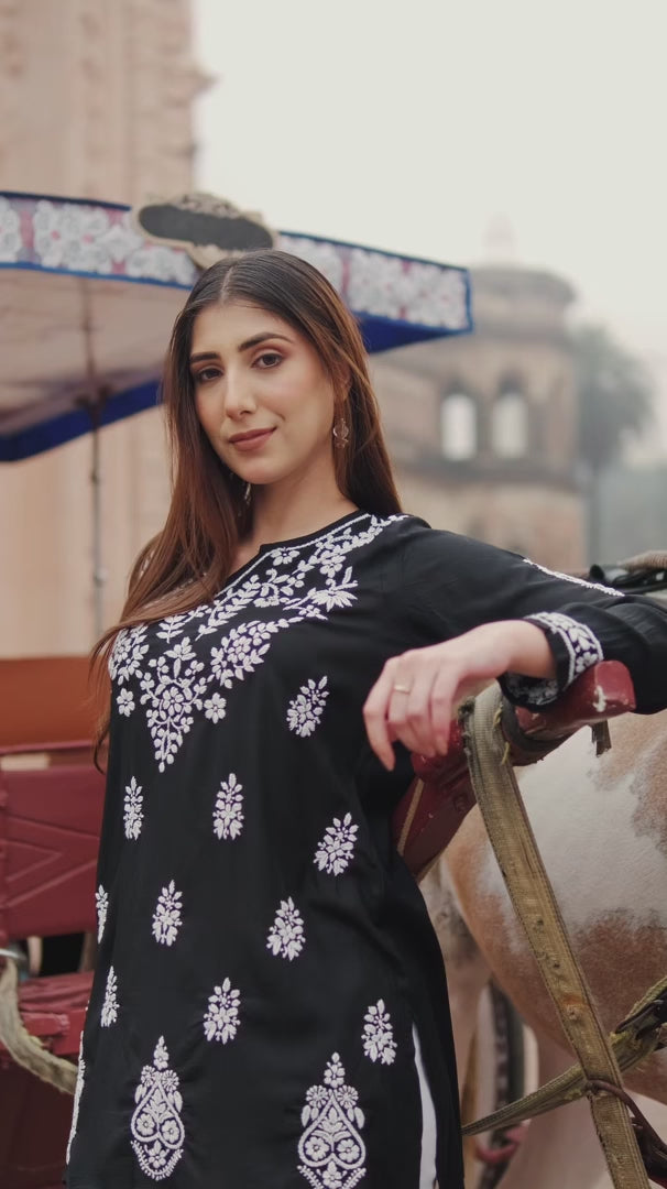 Aiyana Modal Black Short Chikankari Kurti
