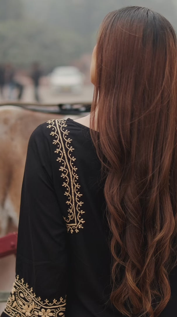 Husn Luxury Rayon Black Chikankari Kurta with Hand Jaal